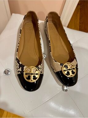 Tory Burch Black Patent & Beige Snake-Print Logo Cap-Toe Flats